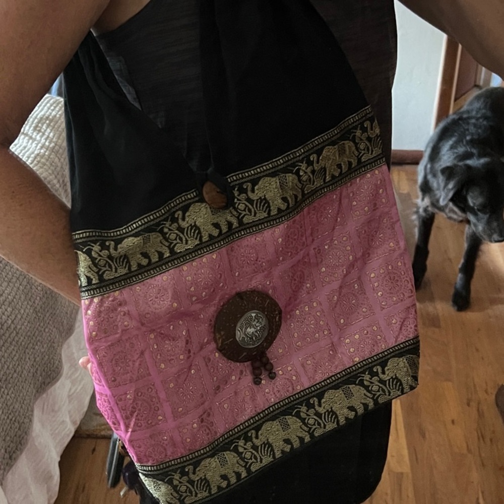 Look of India Pink and Black Shoulder Bag with brass bells and coconut decor